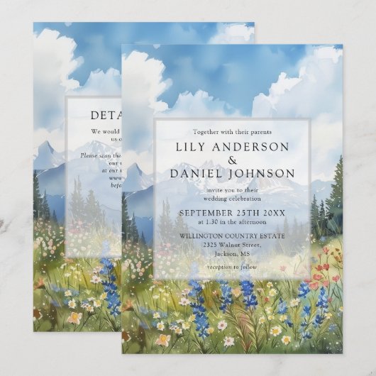 Bergwildblumen Florale QR-Code-Hochzeit Einladung (Vorne/Hinten)