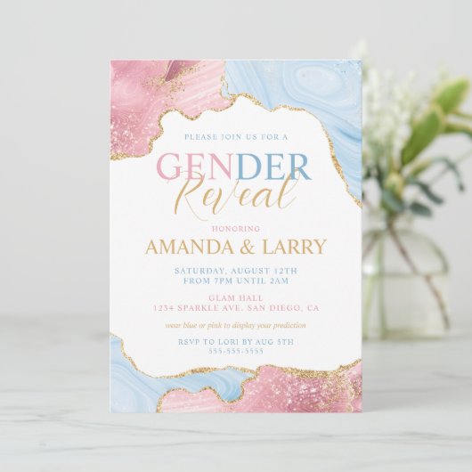 Bericht über das Geschlecht der Blaue und rosa Aga Einladung (Stehend Vorderseite)