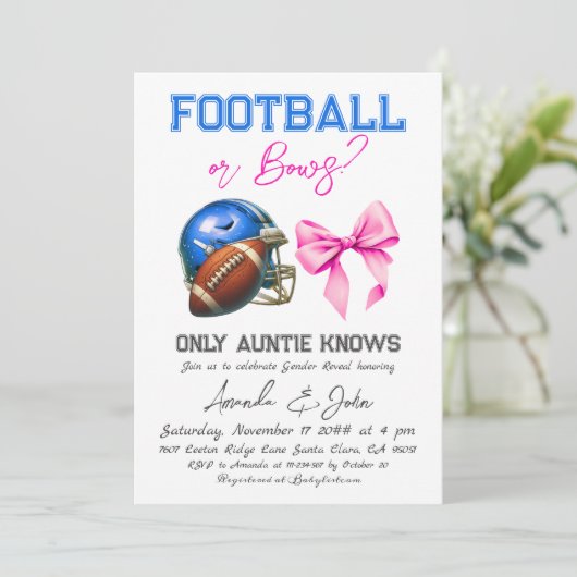 Bericht über Fußball oder Bows Blue Pink Boy Girl  Einladung (Stehend Vorderseite)