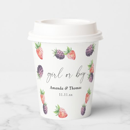 Beries Gender Reveal. Mädchen oder Junge Pappbecher (Rückseite)