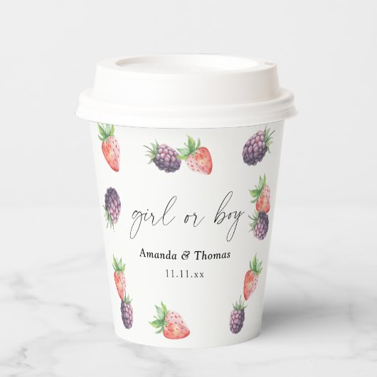 Beries Gender Reveal. Mädchen oder Junge Pappbecher (Vorderseite)