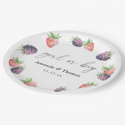 Beries Gender Reveal. Mädchen oder Junge Pappteller (Schrägansicht)