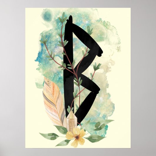 Berkano Floral Green & Yellow Norse Futhark Rune Poster (Vorne)