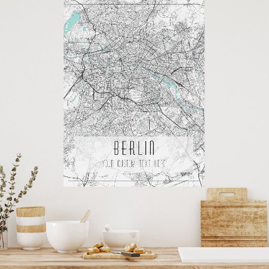 Berlin City Map, Schwarz, Weiß und Blau Poster (Küche)