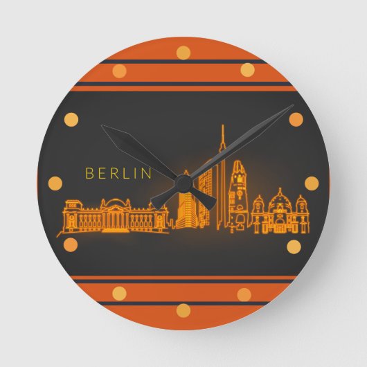 Berliner Skyline Orange Neon Look Stadtmauer Runde Wanduhr (Vorderseite)