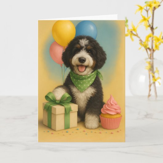 Bernadoodle Birthday Karte (Gelbe Blume)