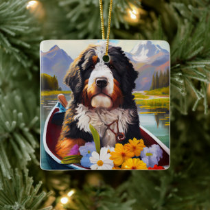 Bernedoodle am Paddel: Ein landschaftliches Abente Keramikornament