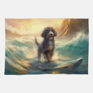 Bernedoodle Beach Surfen Malerei Geschirrtuch