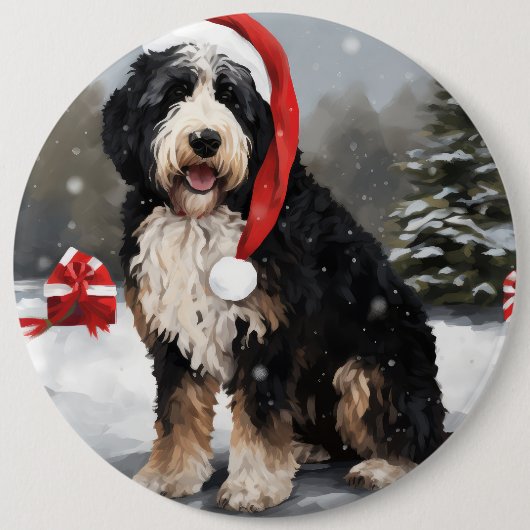 Bernedoodle Dog in Schnee Weihnachten Button (Vorderseite)