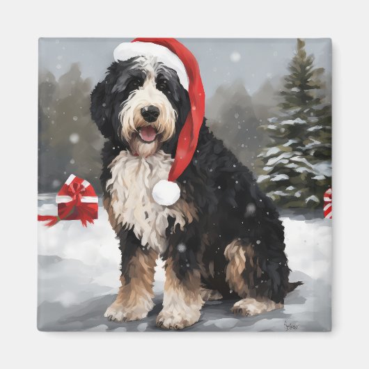 Bernedoodle Dog in Schnee Weihnachten Magnet (Vorne)