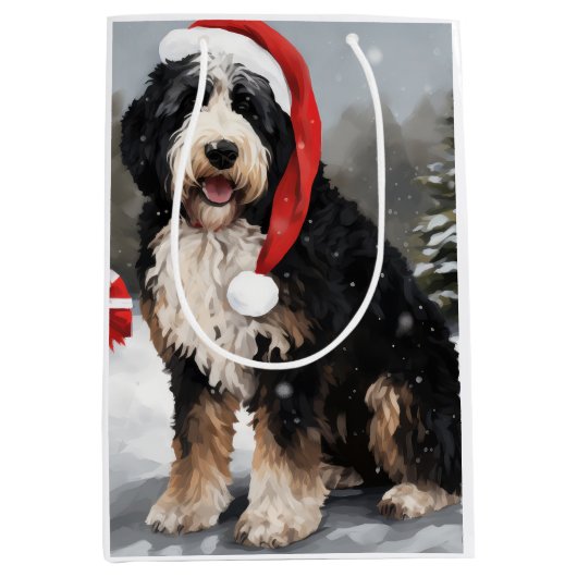 Bernedoodle Dog in Schnee Weihnachten Mittlere Geschenktüte (Vorderseite)