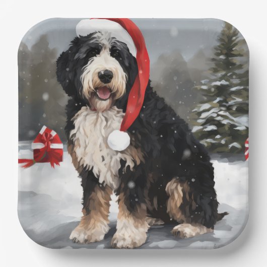 Bernedoodle Dog in Schnee Weihnachten Pappteller (Vorderseite)