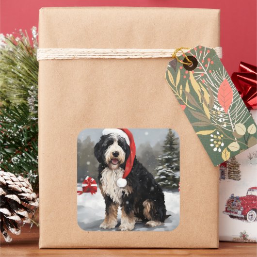 Bernedoodle Dog in Schnee Weihnachten Quadratischer Aufkleber (Feiertag)