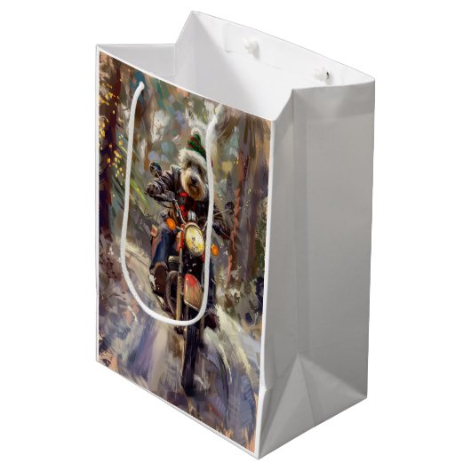 Bernedoodle Dog Riding Motorrad Weihnachten Mittlere Geschenktüte (Vorderseite Schrägansicht)