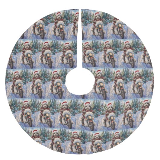 Bernedoodle Dog Riding Motorrad Weihnachten Polyester Weihnachtsbaumdecke (Vorderseite)