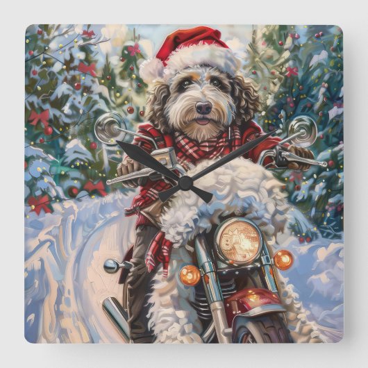 Bernedoodle Dog Riding Motorrad Weihnachten Quadratische Wanduhr (Vorderseite)