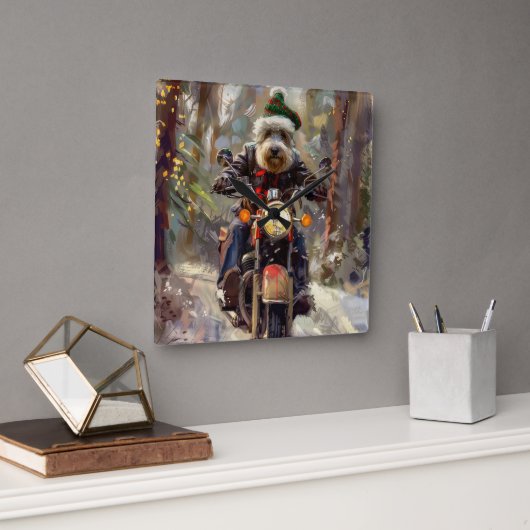 Bernedoodle Dog Riding Motorrad Weihnachten Quadratische Wanduhr (Büro)