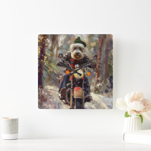 Bernedoodle Dog Riding Motorrad Weihnachten Quadratische Wanduhr (Zuhause)