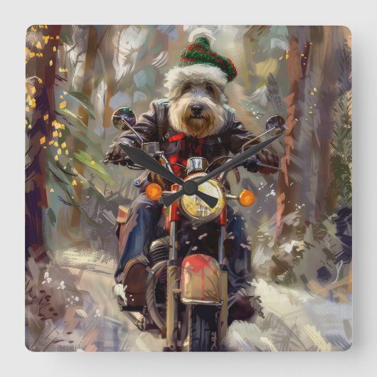 Bernedoodle Dog Riding Motorrad Weihnachten Quadratische Wanduhr (Vorderseite)