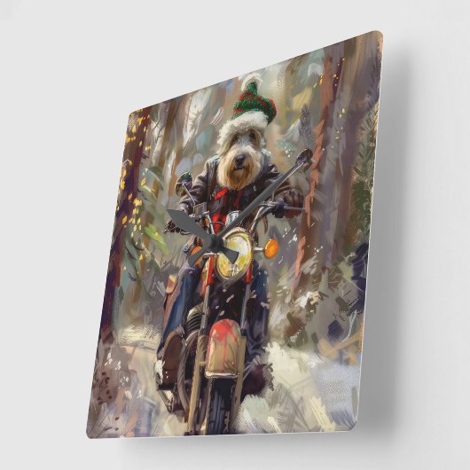 Bernedoodle Dog Riding Motorrad Weihnachten Quadratische Wanduhr (Winkel)