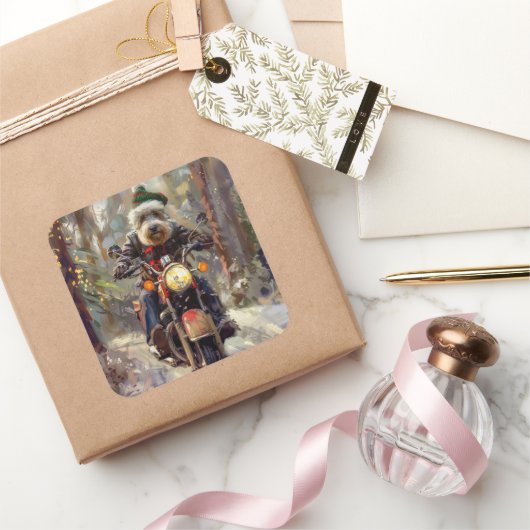 Bernedoodle Dog Riding Motorrad Weihnachten Quadratischer Aufkleber (Schenken)