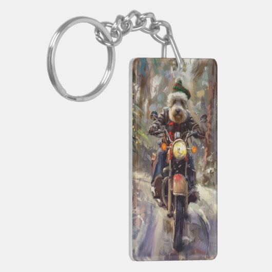 Bernedoodle Dog Riding Motorrad Weihnachten Schlüsselanhänger (Vorderseite links)
