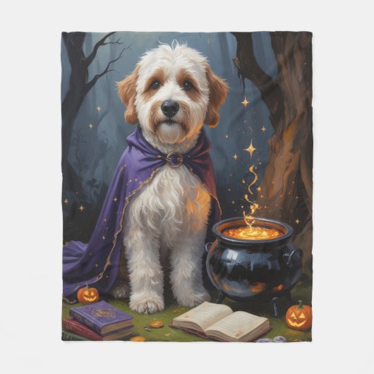 Bernedoodle Dog Whimsical Halloween Malerei Fleecedecke (Vorderseite)