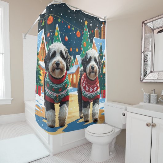 Bernedoodle Dogs Christmas Snow Holiday Duschvorhang (Beispiel)