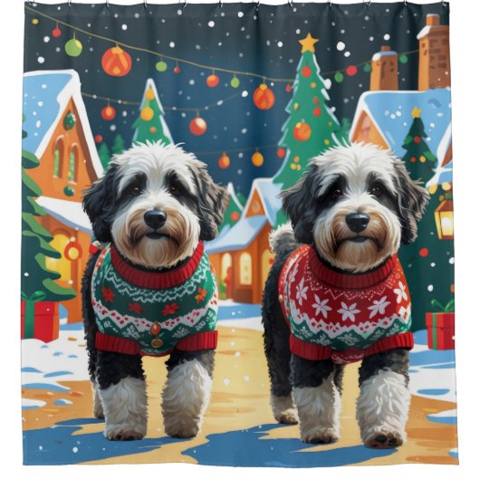 Bernedoodle Dogs Christmas Snow Holiday Duschvorhang (Vorderseite)