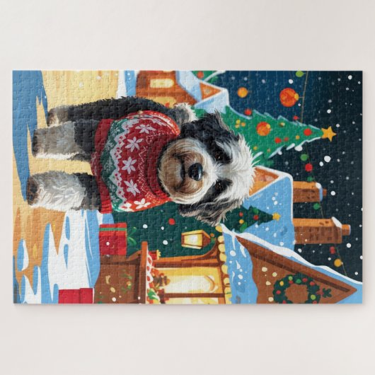 Bernedoodle Dogs Christmas Snow Holiday Puzzle (Horizontal)
