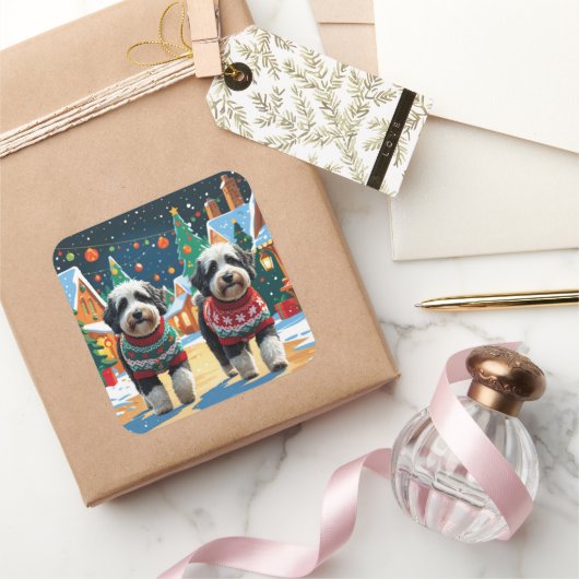 Bernedoodle Dogs Christmas Snow Holiday Quadratischer Aufkleber (Schenken)