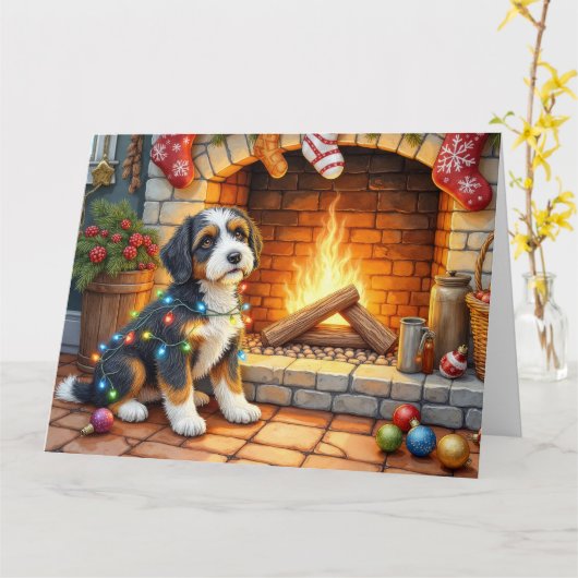 Bernedoodle Fireplace with Christmas Lights Karte (Gelbe Blume)