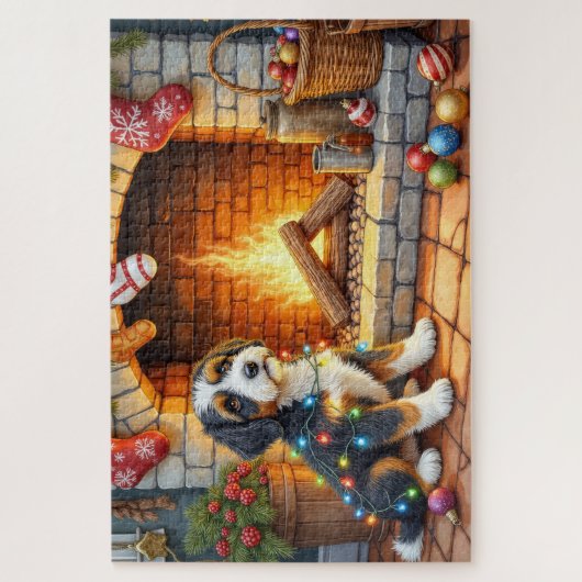 Bernedoodle Fireplace with Christmas Lights Puzzle (Vertikal)