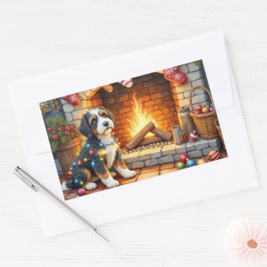 Bernedoodle Fireplace with Christmas Lights Rechteckiger Aufkleber (Umschlag)