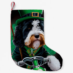 Bernedoodle Hund fährt Fahrrad am St. Patrick's Da Kleiner Weihnachtsstrumpf