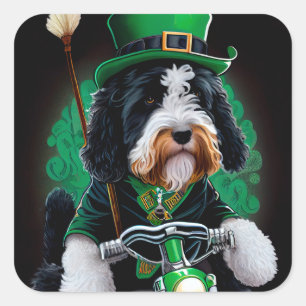 Bernedoodle Hund fährt Fahrrad am St. Patrick's Da Quadratischer Aufkleber