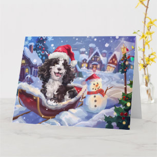 Bernedoodle Hund im Schlitten Schnee Weihnachten Karte