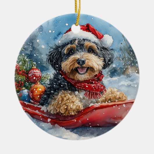 Bernedoodle Hund in Sledge Let it Schnee Weihnacht Keramik Ornament (Vorne)
