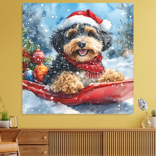 Bernedoodle Hund in Sledge Let it Schnee Weihnacht Leinwanddruck (Insitu (Wohnzimmer))