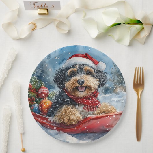 Bernedoodle Hund in Sledge Let it Schnee Weihnacht Pappteller (Hochzeit)