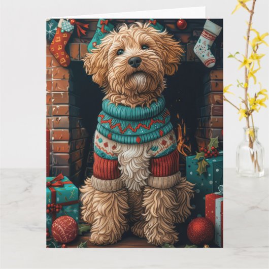 Bernedoodle Hund mit Weihnachtsgeschenken Feuerpla Karte (Gelbe Blume)