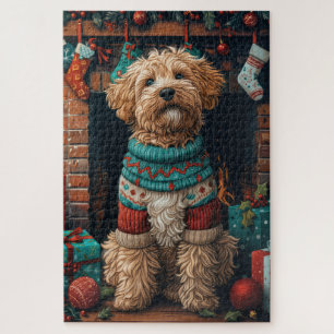 Bernedoodle-Hund mit Weihnachtsgeschenken Kamin Puzzle