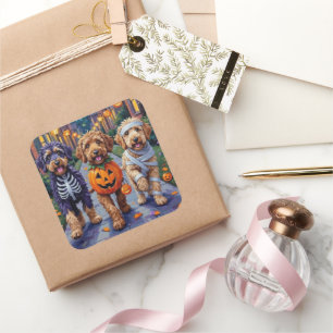 Bernedoodle Hunde beim Trick-or-Treat an Halloween Quadratischer Aufkleber