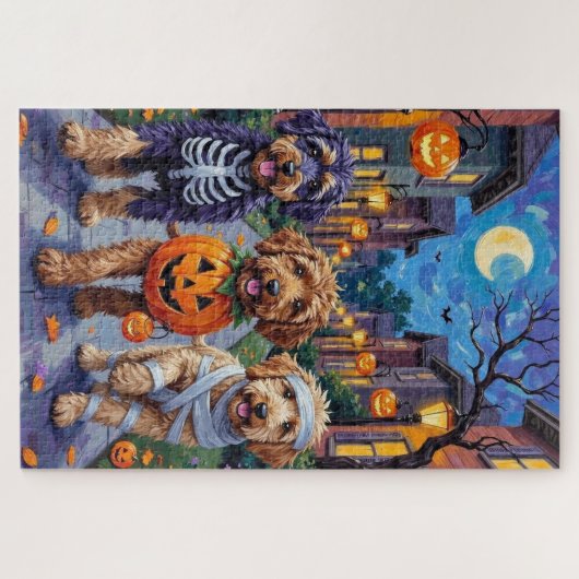 Bernedoodle Hunde Trick-or-Treating in Halloween C Puzzle (Horizontal)