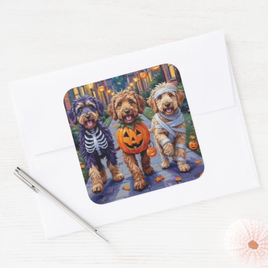 Bernedoodle Hunde Trick-or-Treating in Halloween C Quadratischer Aufkleber (Umschlag)