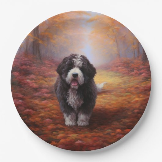 Bernedoodle im Herbst Leaves Fall Inspiriert Pappteller (Vorderseite)