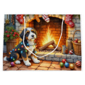 Bernedoodle Kamin mit Weihnachtslichtern Große Geschenktüte (Vorderseite)