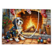 Bernedoodle Kamin mit Weihnachtslichtern Große Geschenktüte (Rückseite)