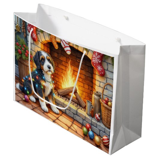 Bernedoodle Kamin mit Weihnachtslichtern Große Geschenktüte (Vorderseite Schrägansicht)