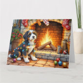 Bernedoodle Kamin mit Weihnachtslichtern Karte (Vorderseite)